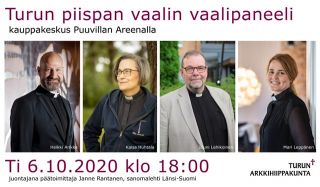 Turun piispan vaalin vaalipaneeli Porin Puuvillassa. Kuvassa Heikki Arikka, Kaisa Huhtala, Jouni Lehikoinen ja Mari LEppänen