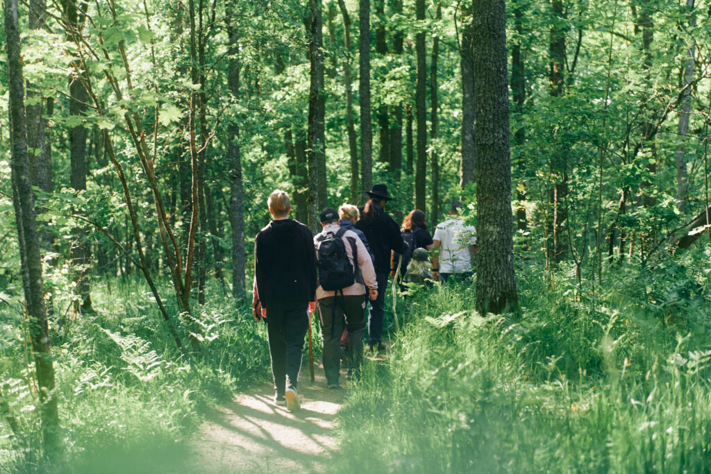 Vaeltajia vehreässä metsässä